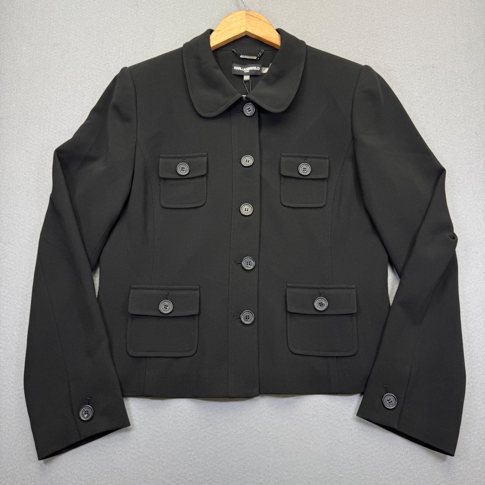 Karl Lagerfeld Paris Womens Black Peter Pan Collar Button Front Jacket Size 14